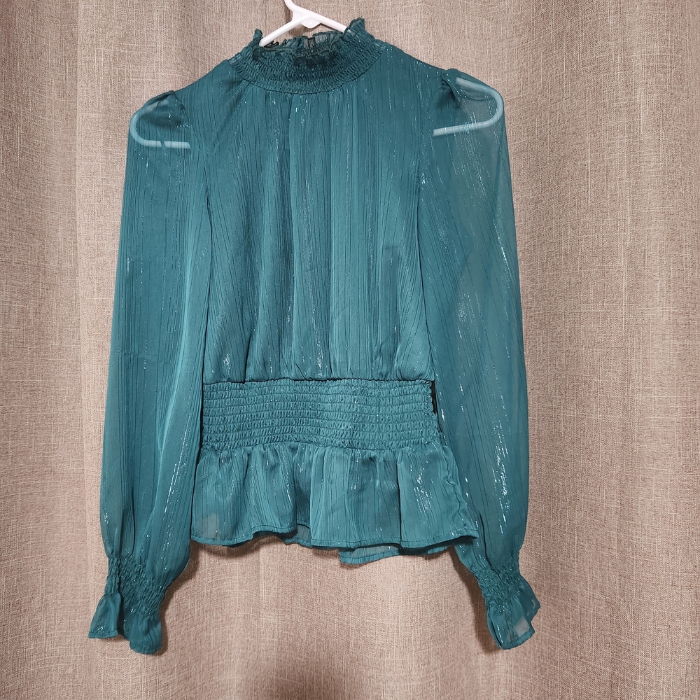 Smocked Waist Teal Sheer Long-Sleeve Blouse